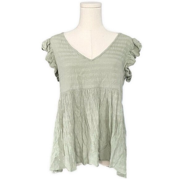 Japna V-Neck Knit Tunic Top Sz M Moss Green Flutter Tiered Viscose Boho Peasant - Picture 1 of 9